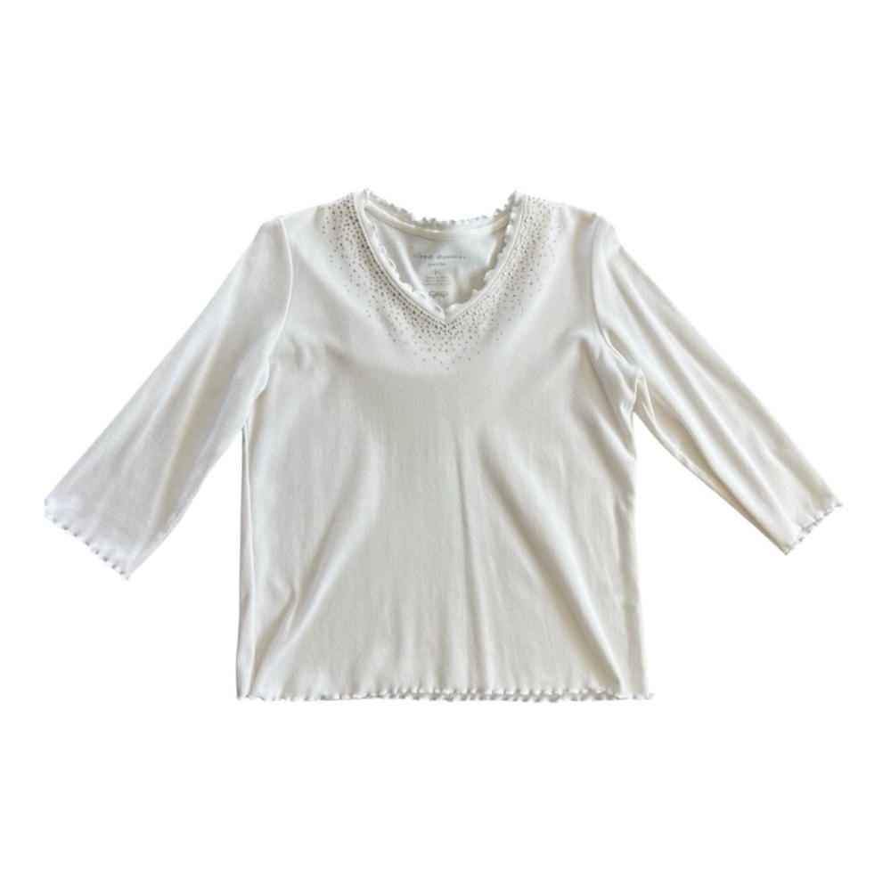 Alfred Dunner White Ribbed Embellished Long Sleeve Top